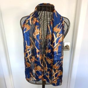 Equestrian Navy Blue and brown Sheer Satin Striped Horse Print Rectangular Scarf